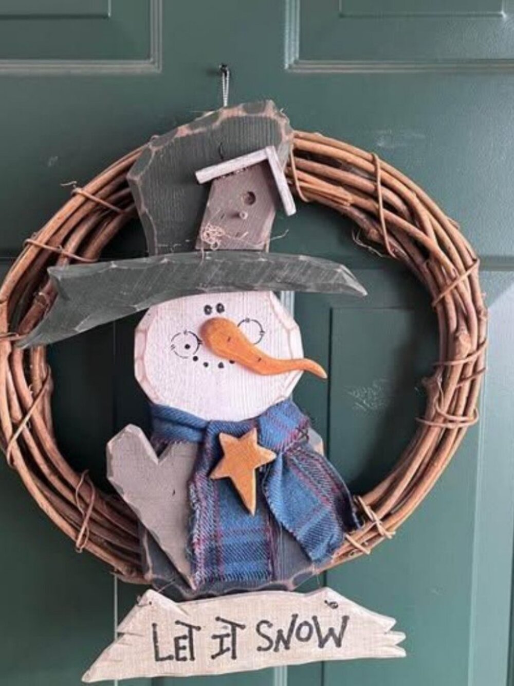 19” Round Twig Holiday Wreath with Wooden Snowman & “Let it Snow” Hanger